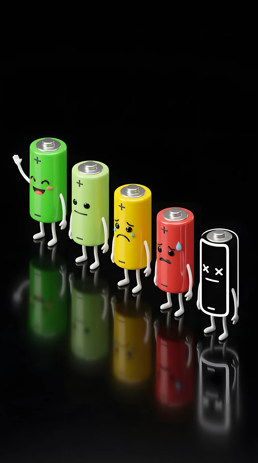 3D Battery Characters Showing Different Emotional Charging States - Free 4K mobile Wallpaper