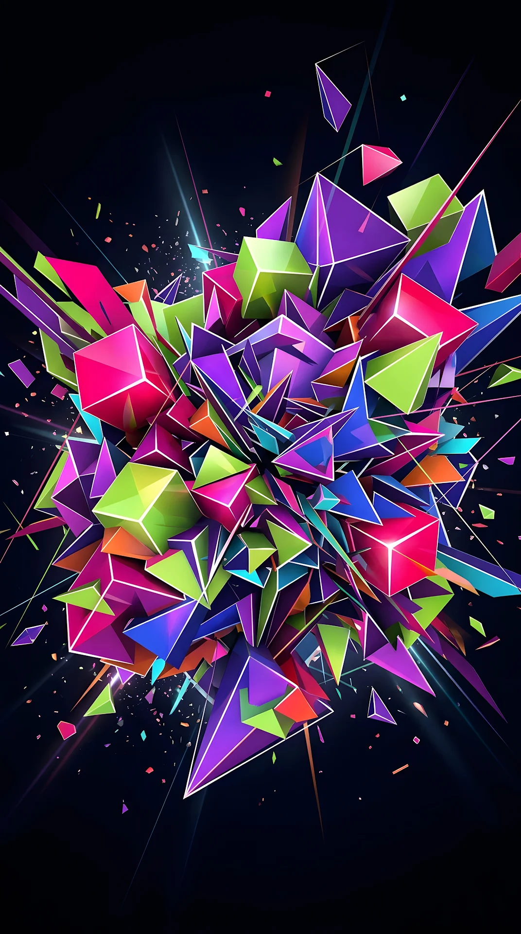 3D Geometric Collision with Vivid Green Pink and Purple Shapes - Free 4K mobile Wallpaper