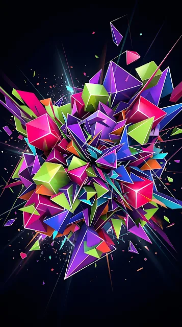 3D Geometric Collision with Vivid Green Pink and Purple Shapes - Free mobile Wallpaper