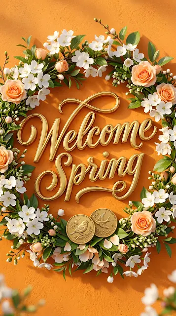 3D Gold Script 'Welcome Spring' with Cherry Blossoms and Roses - Free mobile Wallpaper