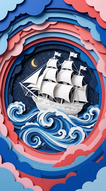 3D Layered Papercut Art of a Sailing Ship on Stormy Waves - Free 4K & 8K mobile Wallpaper