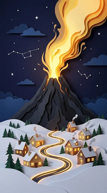 3D Layered Papercut Art of Snowy Village and Glowing Volcano - Free 4K & 8K mobile Wallpaper