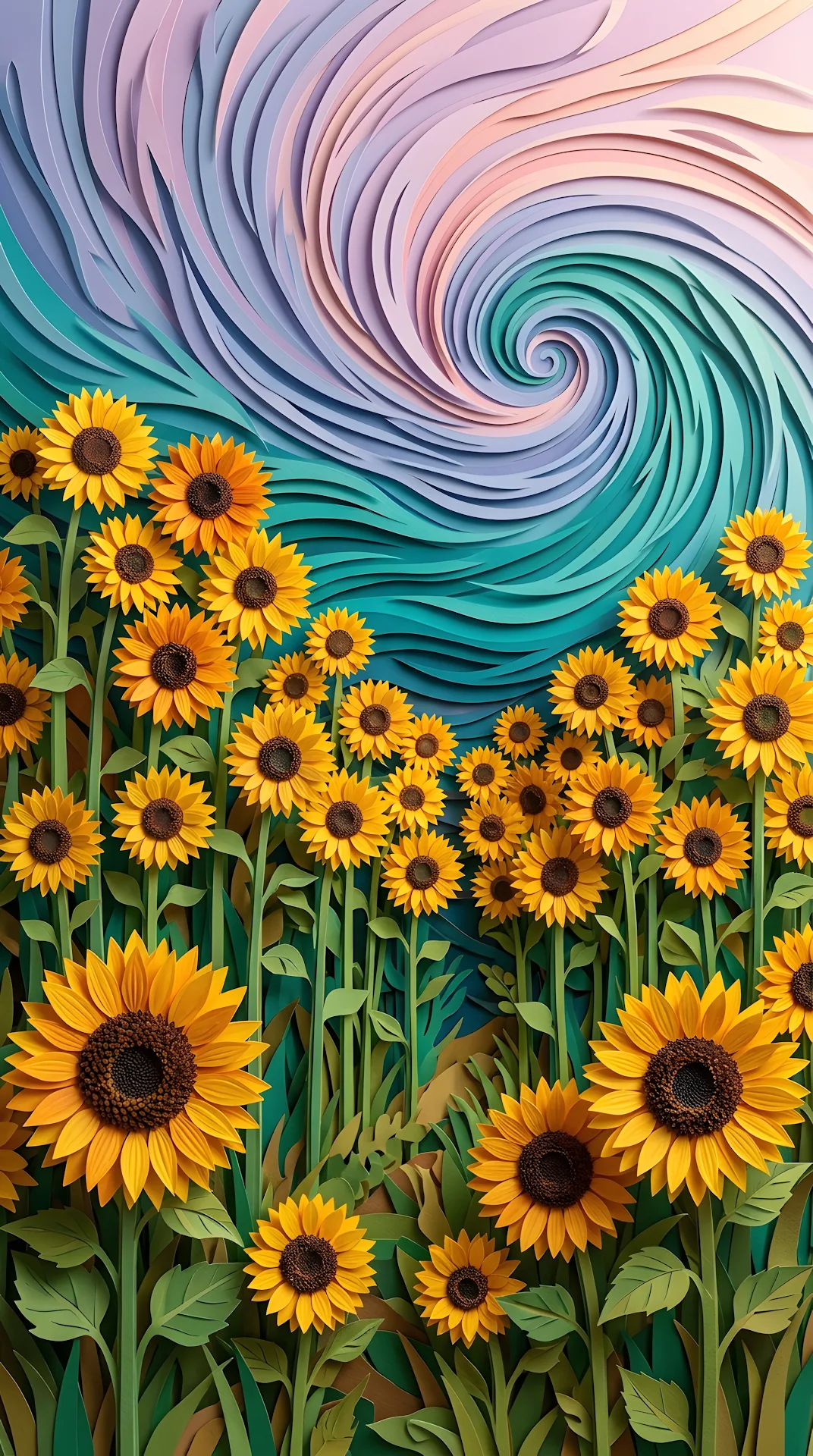 3D Paper Cut-Out Sunflower Field Illustration - Free 4K mobile Wallpaper