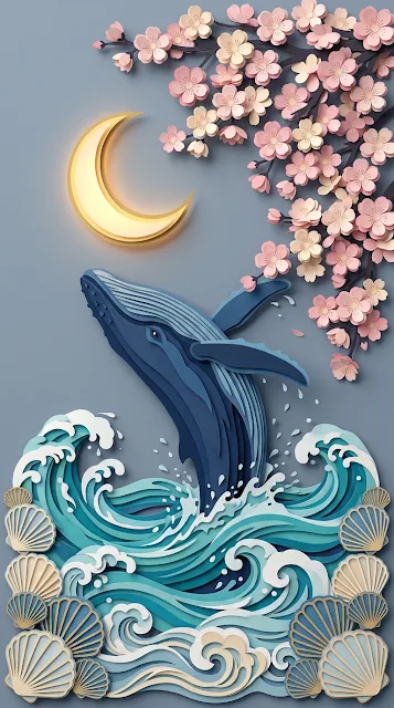 3D Papercut Style Illustration of a Whale under a Glowing Crescent Moon - Free 4K & 8K mobile Wallpaper