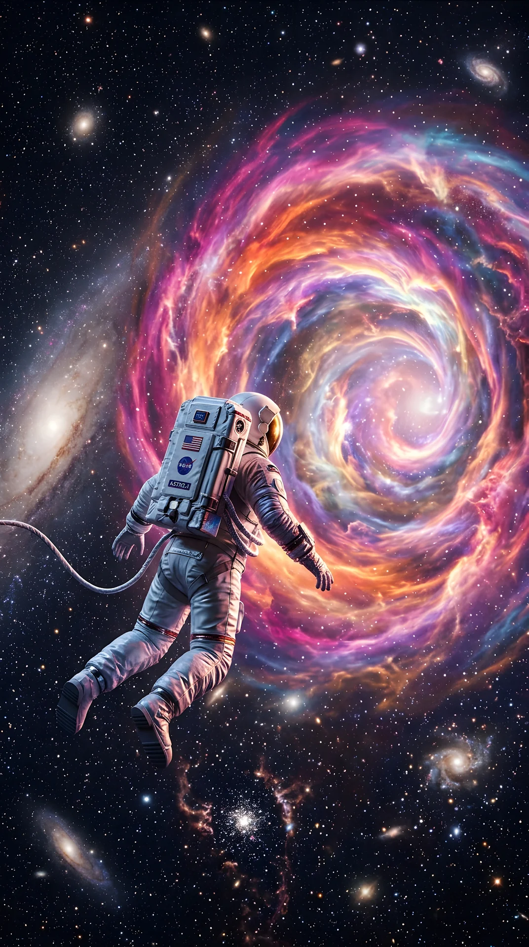 3D Render of an Astronaut Floating Toward a Glowing Galactic Nebula Portal - Free 4K mobile Wallpaper