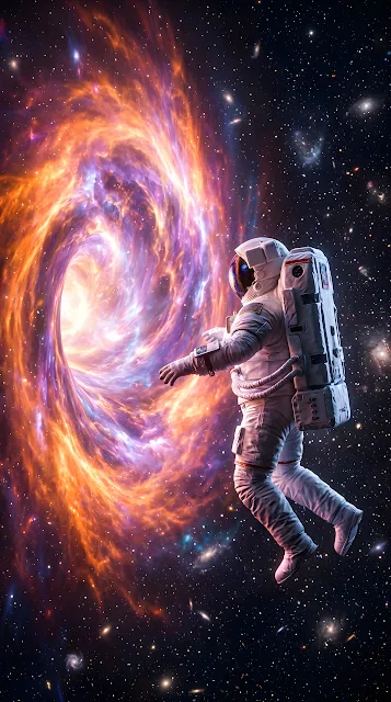 3D Render of an Astronaut Floating Toward a Massive Glowing Cosmic Portal - Free mobile Wallpaper
