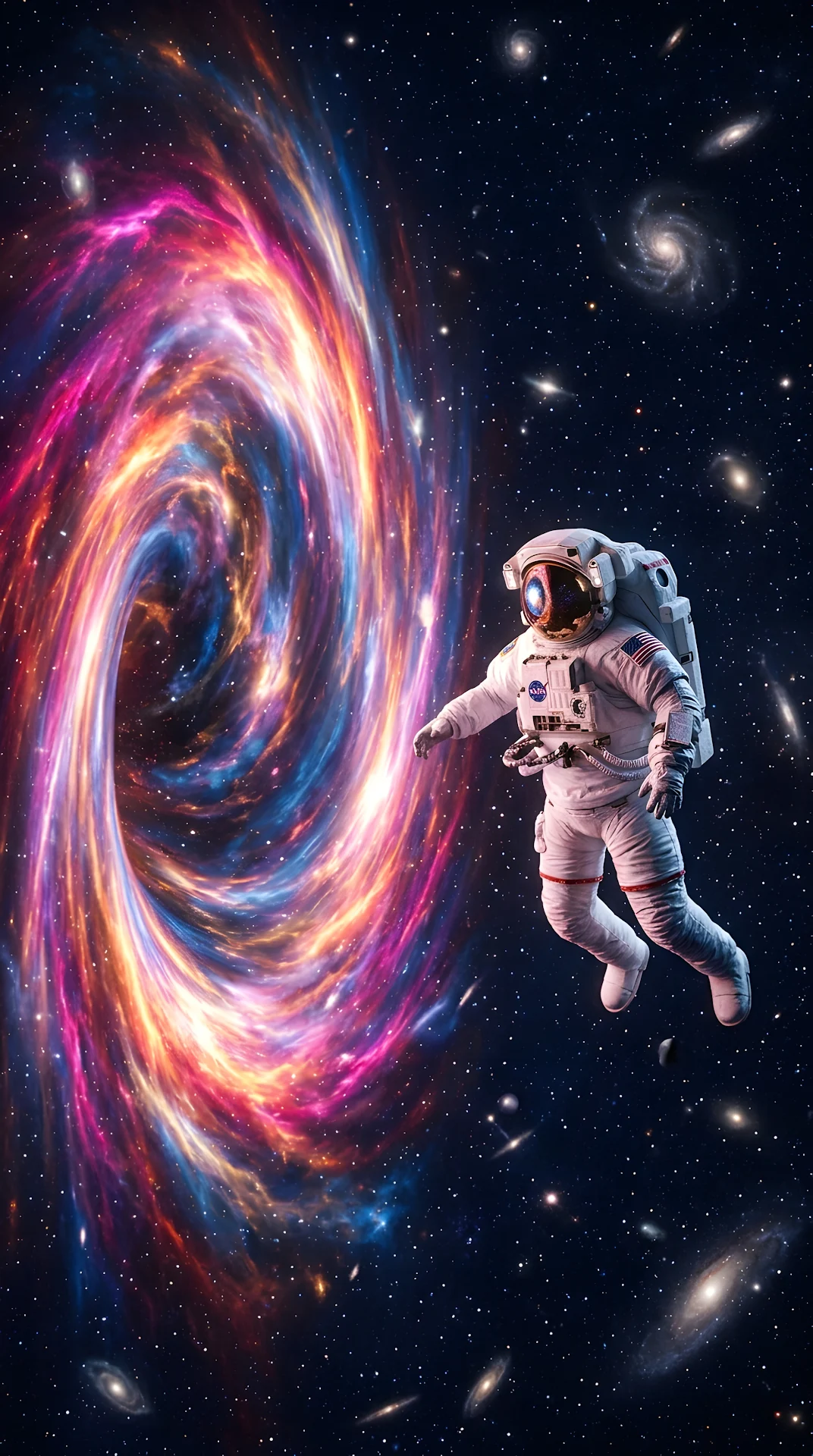 3D Render of an Astronaut Floating Toward a Glowing Galactic Nebula Portal - Free 4K mobile Wallpaper