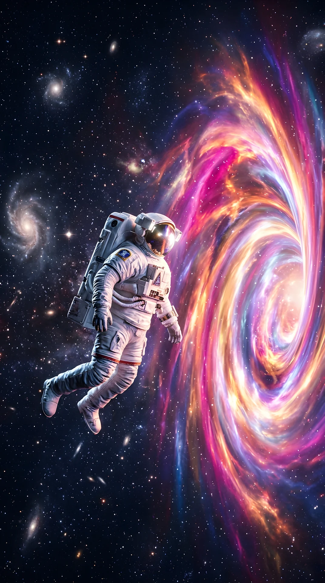 3D Render of an Astronaut Floating Towards a Glowing Galactic Portal - Free 4K mobile Wallpaper