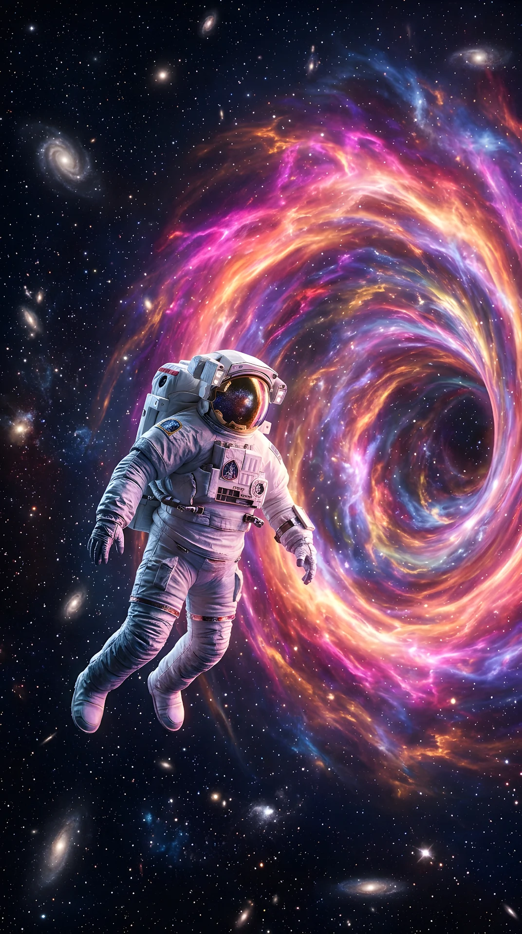3D Render of an Astronaut Floating Toward a Glowing Galactic Nebula Portal - Free 4K mobile Wallpaper