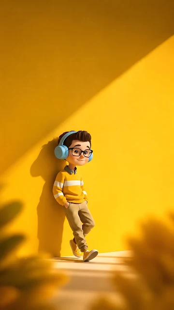 3D stylized boy with glasses and blue headphones leaning against a vibrant yellow wall in warm sunlight with negative space.