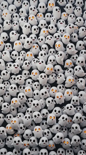 3D Render of Many Cute White Ghosts with Various Expressions - Free 4K & 8K mobile Wallpaper