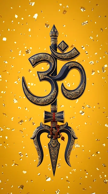 3D Render of an Om Symbol and Shiva's Trident on a Yellow Background - Free mobile Wallpaper