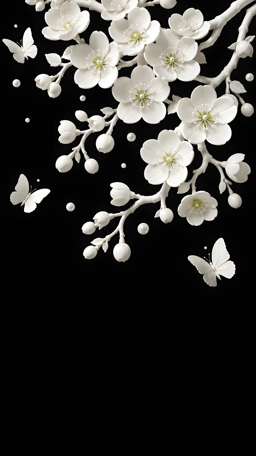 3D rendered white cherry blossom branch with butterflies on black - Free 4K mobile Wallpaper