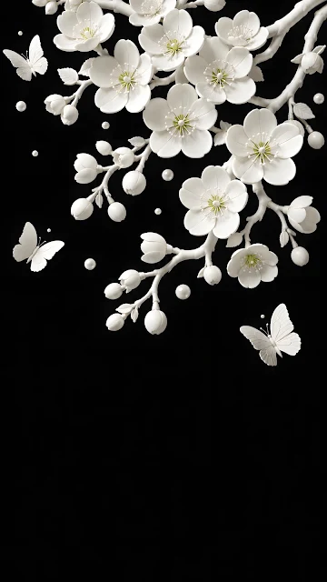 Vertical 3D illustration of delicate white cherry blossom branches and fluttering butterflies against a solid black background.