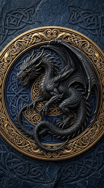 3D Sculpted Dragon Crest with Intricate Celtic Knotwork - Free 4K & 8K mobile Wallpaper