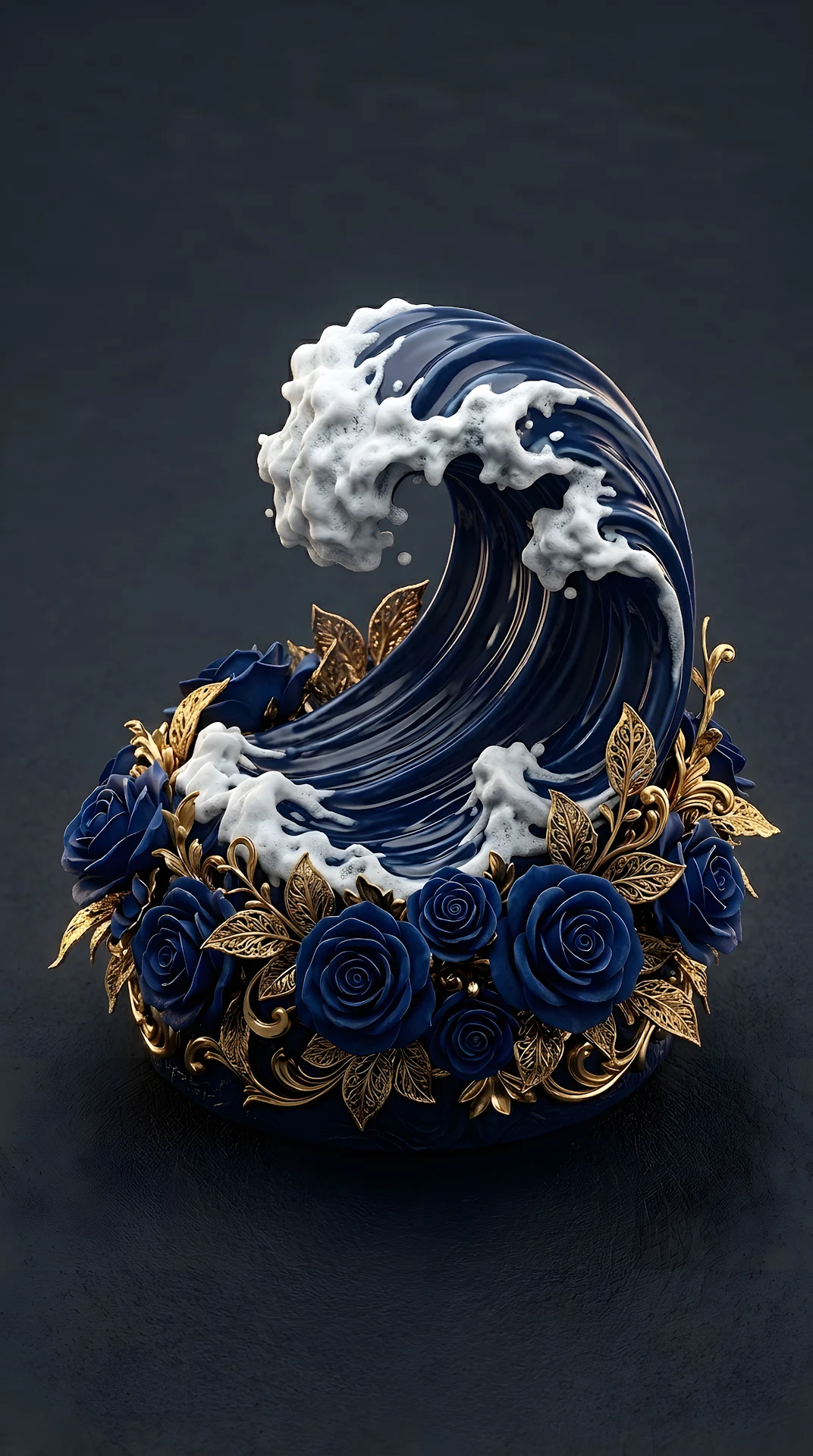 3D Sculptural Paper-Cut Style Wave with Blue Roses and Gold Leaves - Free 4K mobile Wallpaper