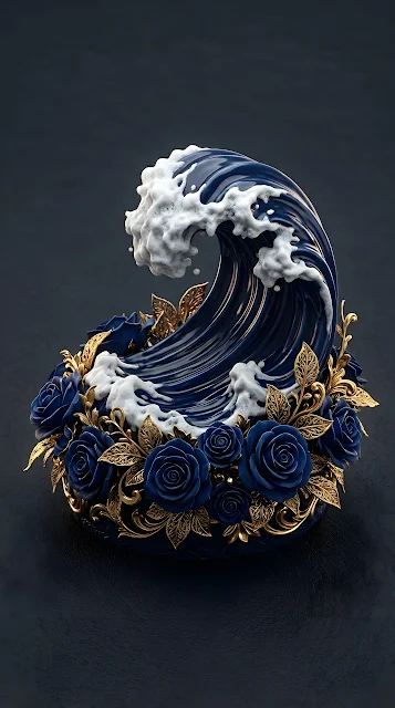 3D Sculptural Paper-Cut Style Wave with Blue Roses and Gold Leaves - Free mobile Wallpaper