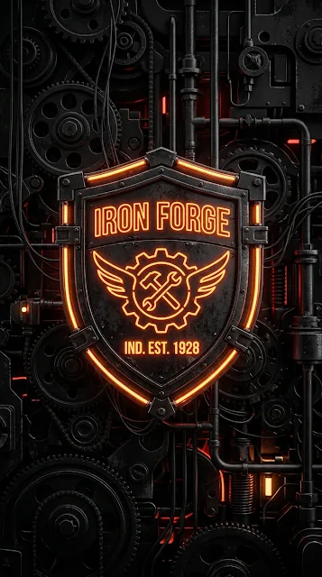 3D Shield Icon with Orange Neon Tubes and Mechanical Gears - Free 4K & 8K mobile Wallpaper