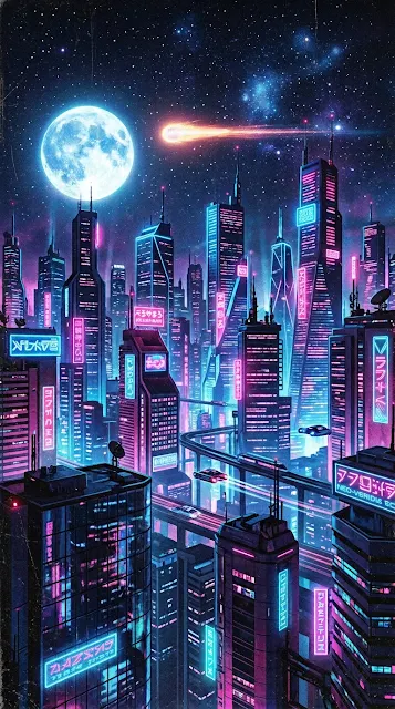 80s Style Neon Cityscape with Full Moon and Meteor - Free 4K & 8K mobile Wallpaper