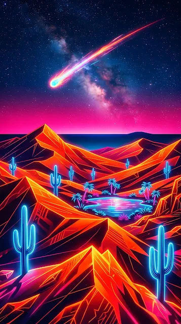80s Synthwave Neon Desert Landscape with Cacti and Glowing Comet - Free mobile Wallpaper