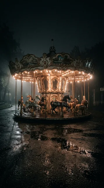 Abandoned Carousel Rotating in Midnight Fog - Free 4K & 8K mobile Wallpaper