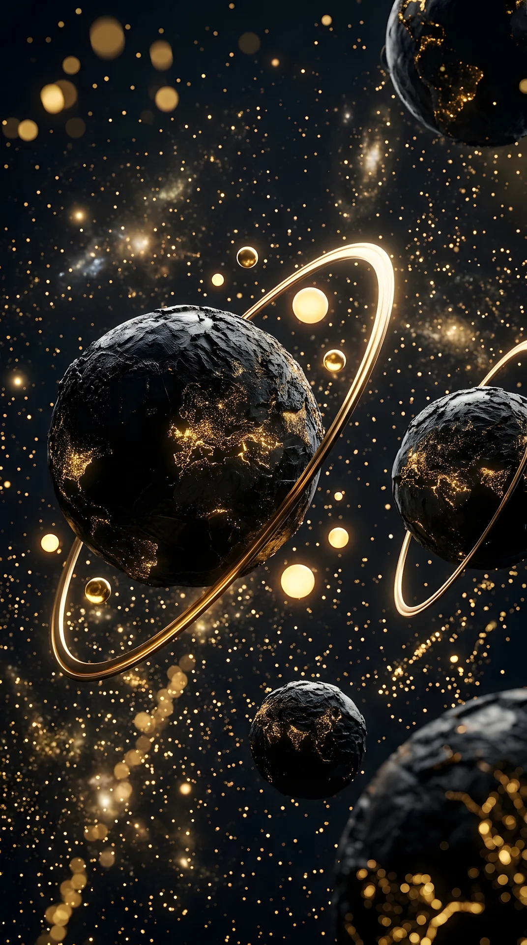 Abstract 3D Black and Gold Planets with Glowing Rings - Free 4K mobile Wallpaper