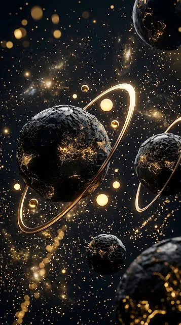 Abstract 3D Black and Gold Planets with Glowing Rings - Free mobile Wallpaper