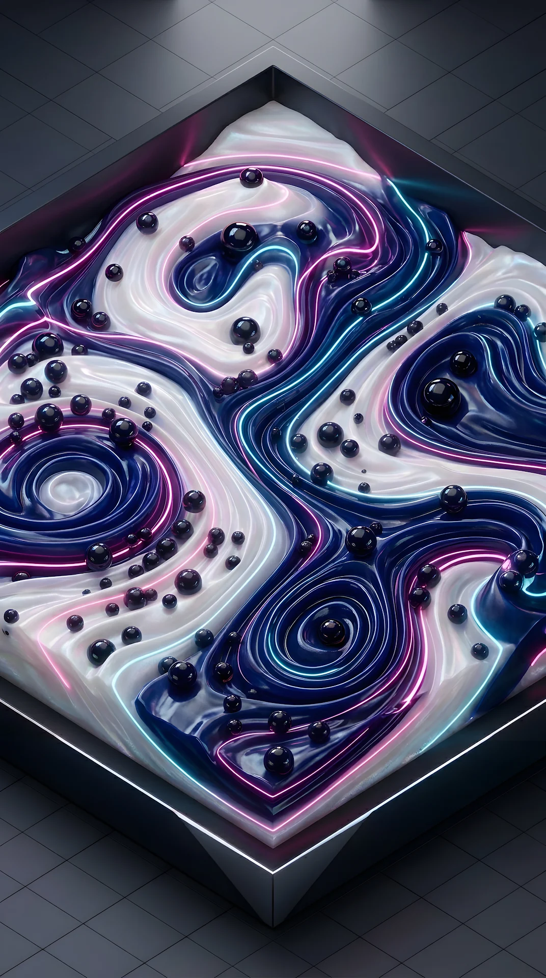 Abstract 3D Fluid Waves with Glowing Neon Lines and Floating Spheres - Free 4K mobile Wallpaper