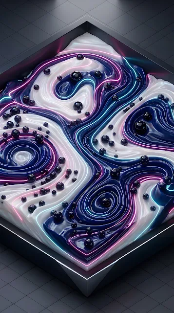 Abstract 3D Fluid Waves with Glowing Neon Lines and Floating Spheres - Free mobile Wallpaper