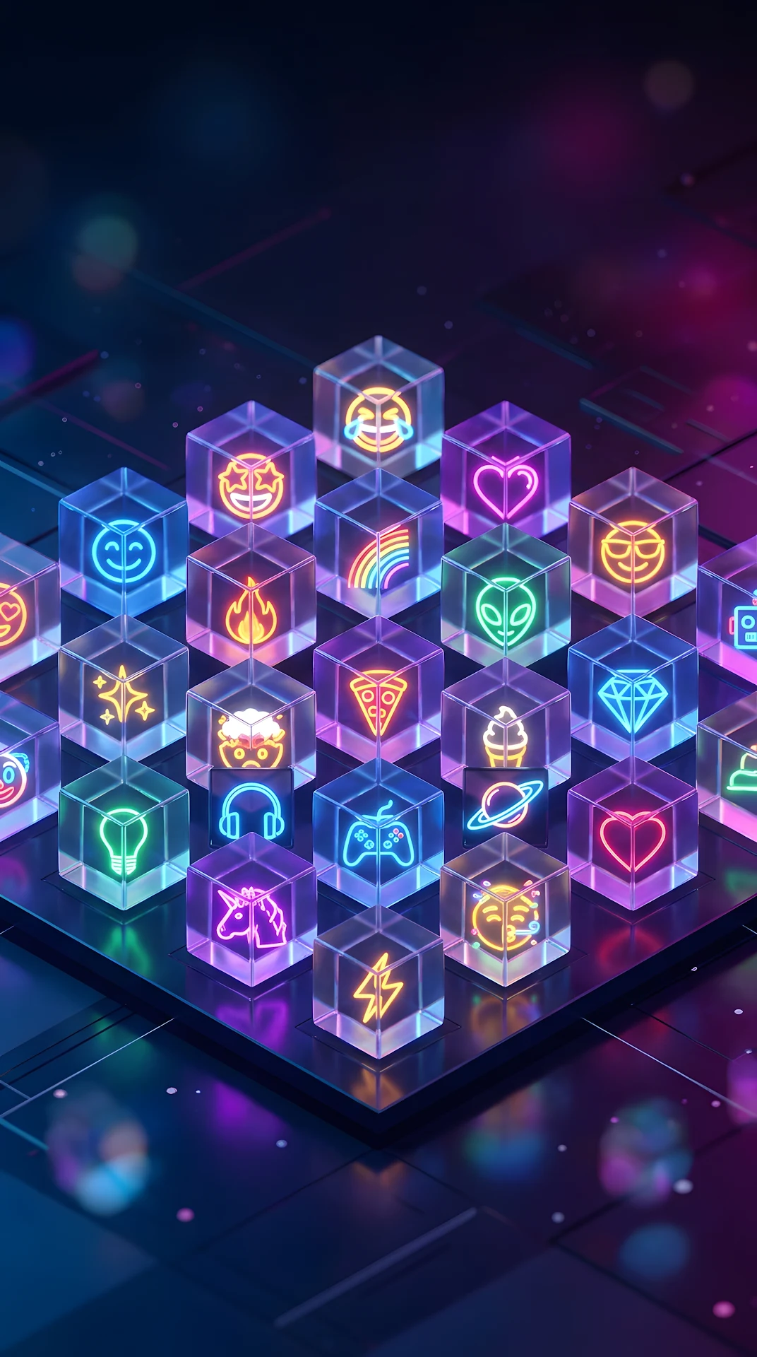 Abstract 3D Glowing Emoji Cubes with Neon Lighting - Free 4K mobile Wallpaper