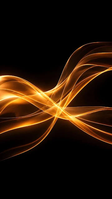 Smooth 3D render of sweeping golden amber light waves and glowing translucent curves floating against a dark black background.