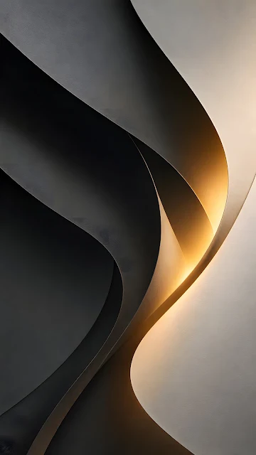 Abstract 3D render of layered monochrome paper waves featuring a warm golden light gap glowing between dark overlapping curves.