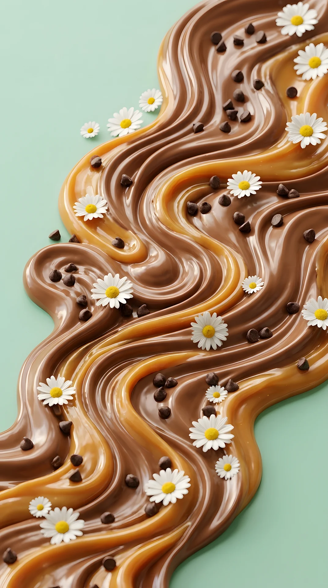 Abstract 3D Render of Caramel and Chocolate Flowing Ribbons with Daisies - Free 4K mobile Wallpaper