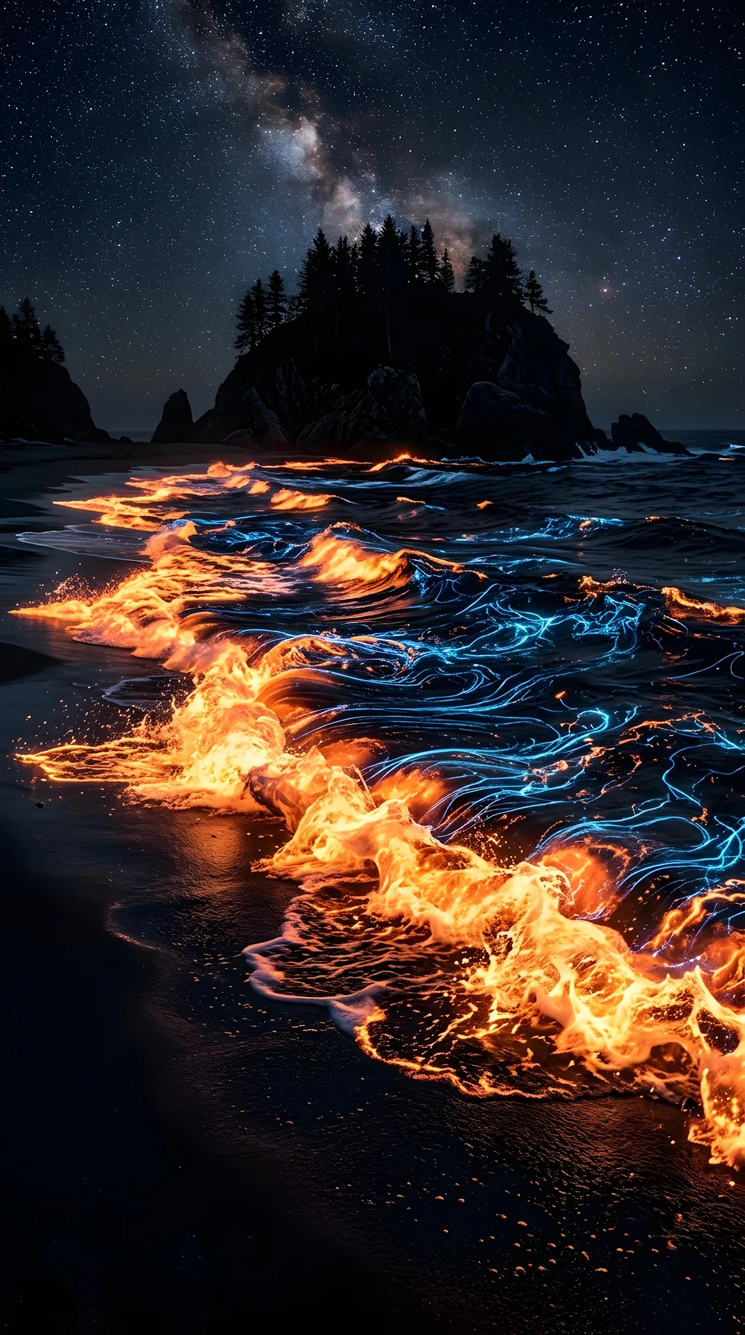 Abstract 3D Render of Bioluminescent Waves at a Dark Night Shoreline - Free 4K mobile Wallpaper