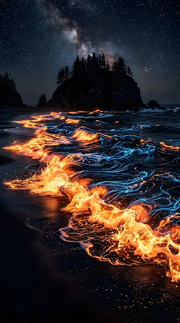 Abstract 3D Render of Bioluminescent Waves at a Dark Night Shoreline - Free mobile Wallpaper