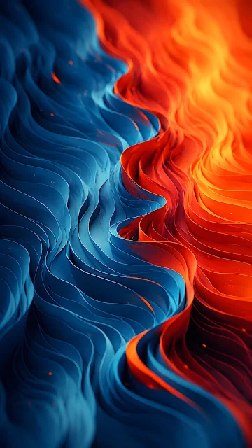 3D abstract artwork showing curved wavy layered ribbons split between electric blue and vibrant warm red tones.