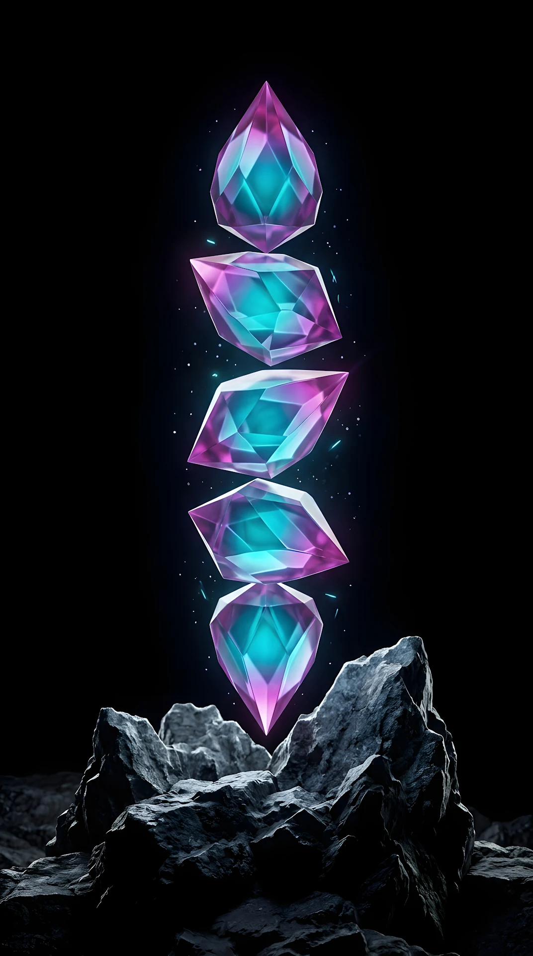 Abstract 3D Render of Glowing Blue and Purple Faceted Crystals on Dark Rocks - Free 4K mobile Wallpaper