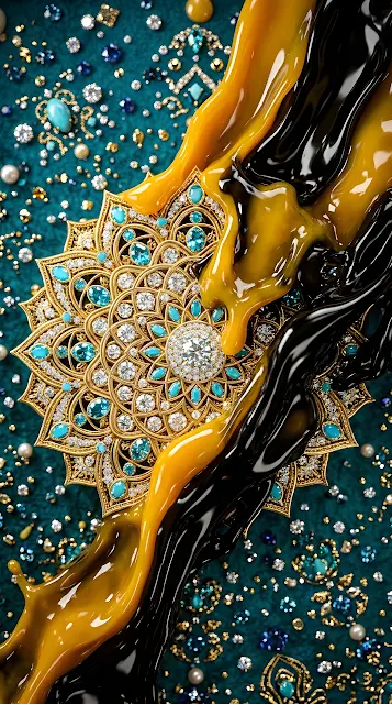 Abstract 3D Render of Jeweled Mandalas with Flowing Yellow and Black Liquid - Free mobile Wallpaper
