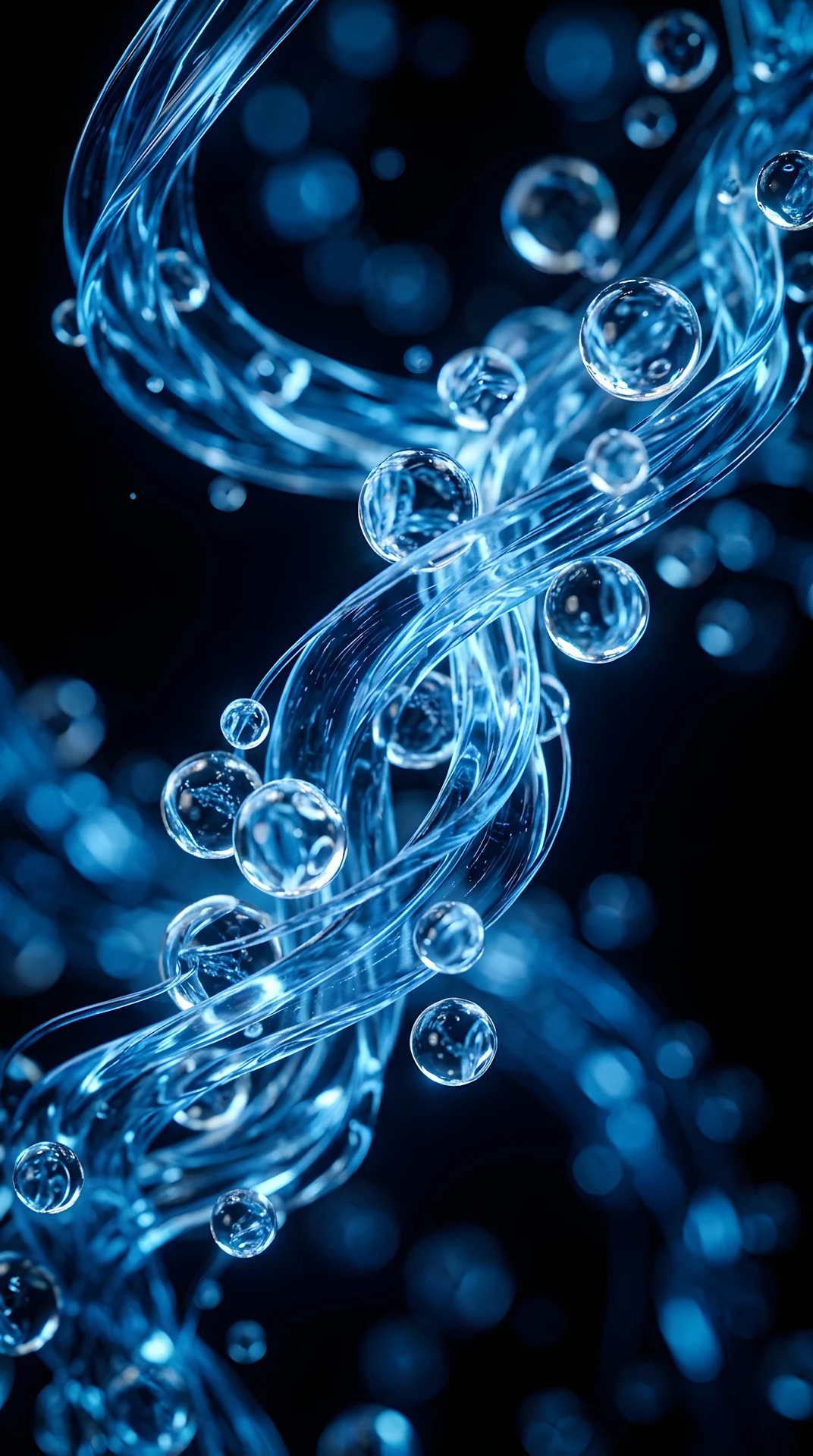 Abstract 3D Render of Translucent Blue Fluid Strands and Bubbles - Free 4K mobile Wallpaper