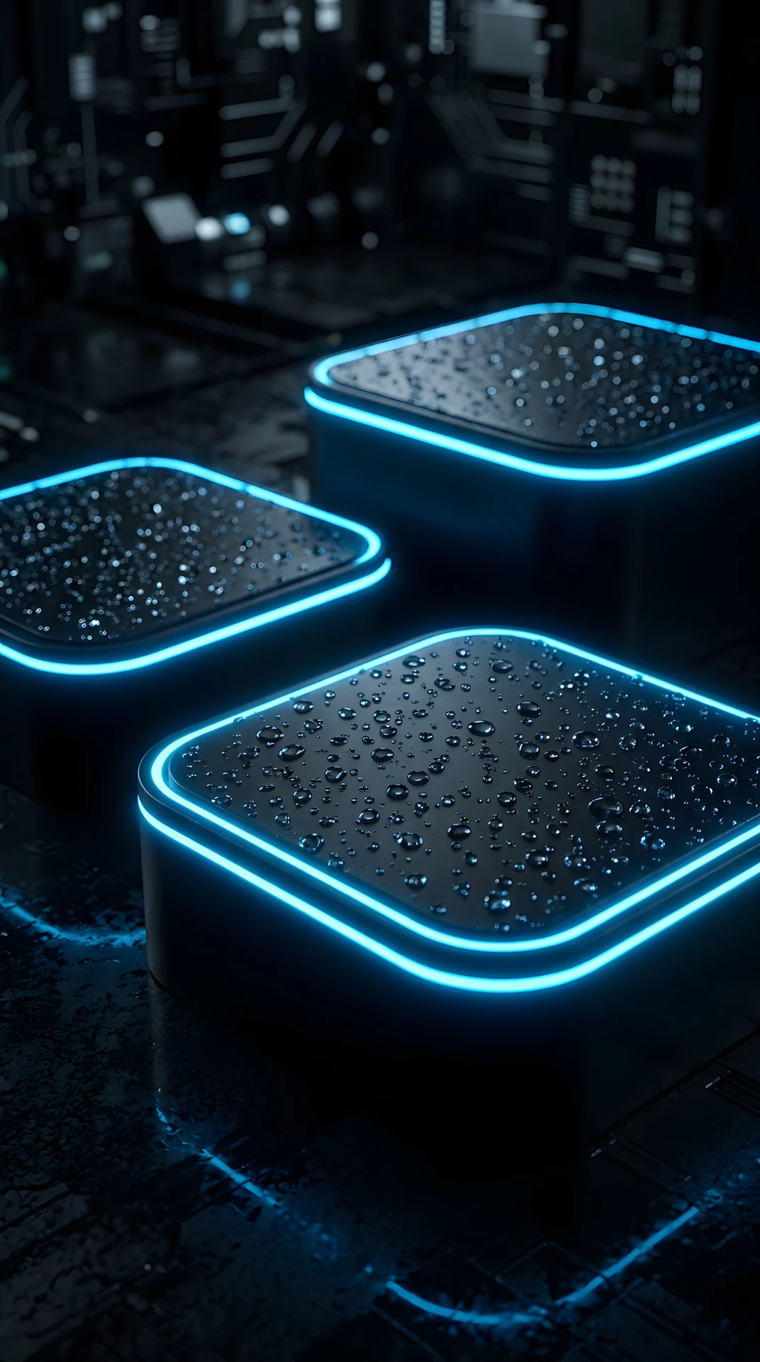 Abstract 3D Rounded Squares with Blue Neon Borders and Water - Free 4K mobile Wallpaper