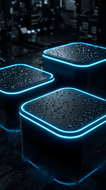 Abstract 3D Rounded Squares with Blue Neon Borders and Water - Free mobile Wallpaper