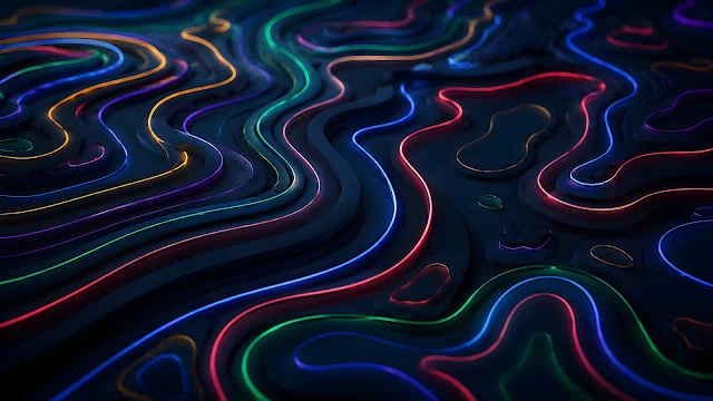 Dark 3D abstract topographic surface illuminated by multi-colored neon glowing contour lines.
