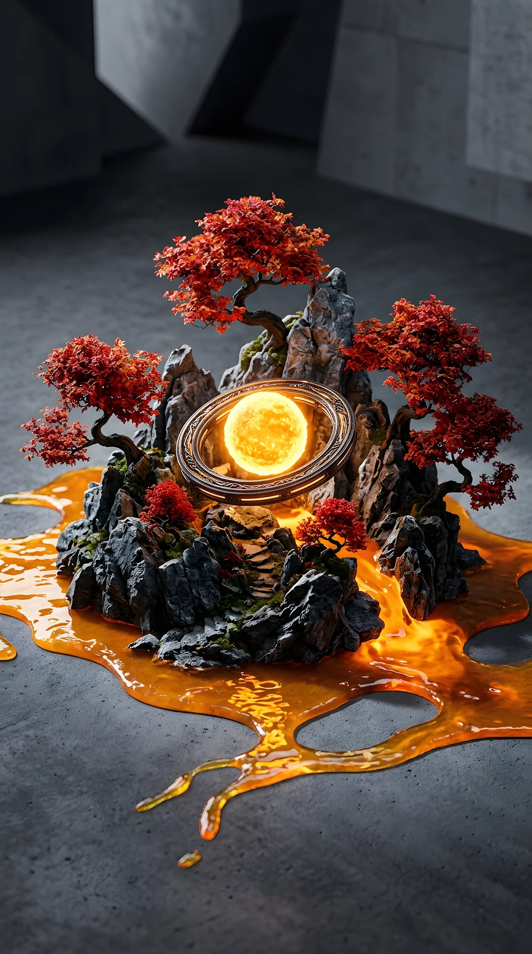 Abstract 3D Zen Garden with Red Trees and Flowing Golden Liquid - Free 4K mobile Wallpaper