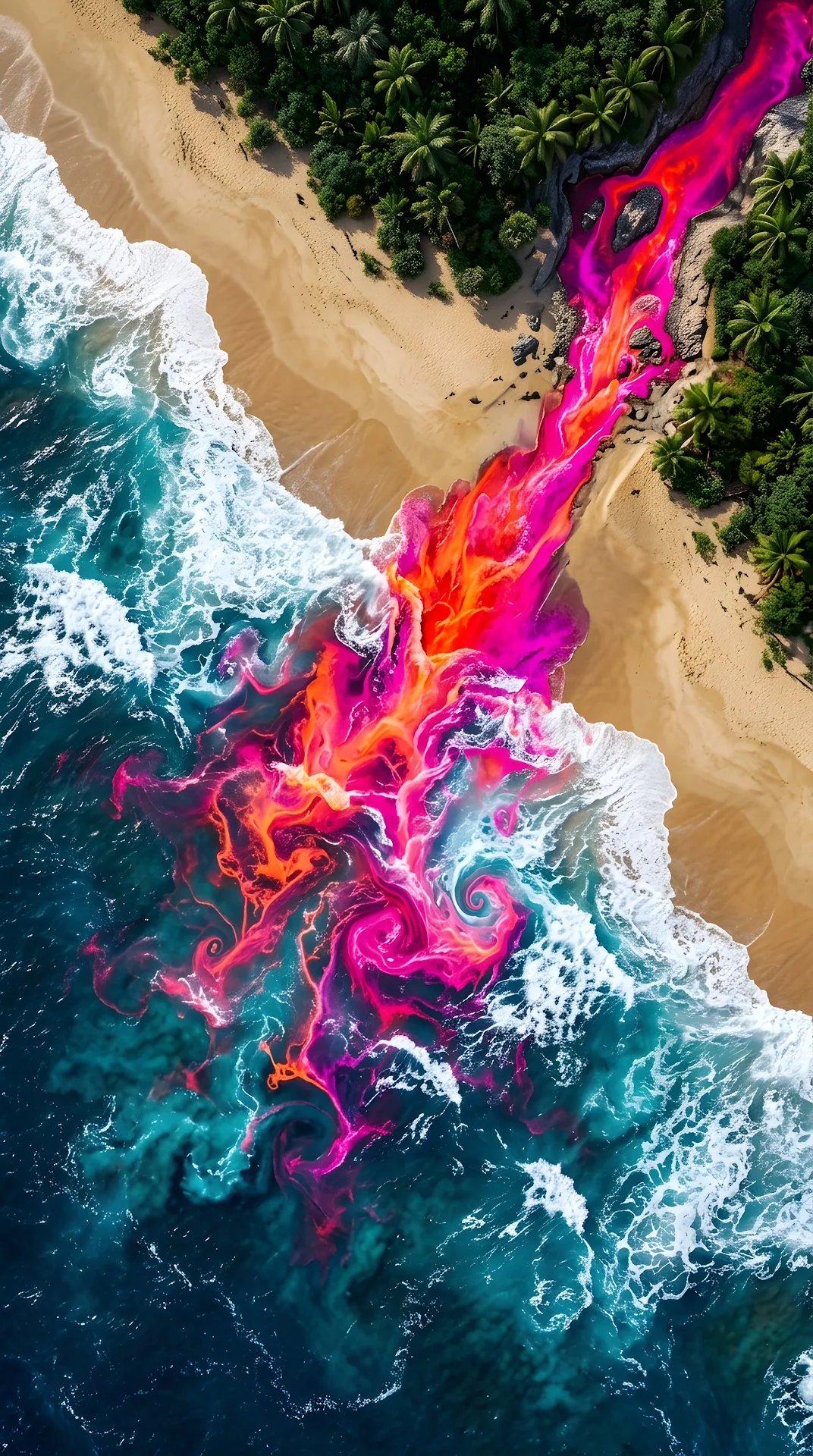 Abstract Aerial Beach with Neon Pink and Orange Fluid - Free 4K mobile Wallpaper