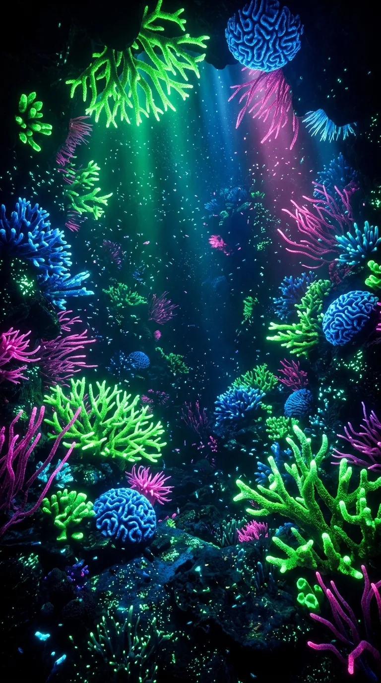 Abstract Bioluminescent Underwater Coral Forest 3D - Free 8K and 4K mobile Wallpaper Background