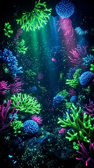 Abstract Bioluminescent Underwater Coral Forest 3D - Free 4K & 8K mobile Wallpaper