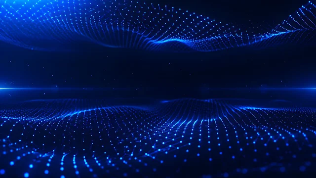 Glowing blue dot mesh wave floating across a dark blue digital technology background.