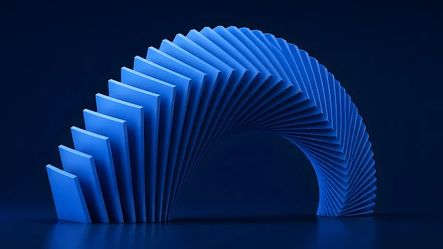 A sweeping array of blue geometric fins fanning out in a smooth architectural curve.