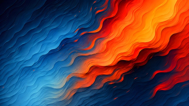 Abstract textured diagonal waves transitioning from deep blue to bright orange and red hues.