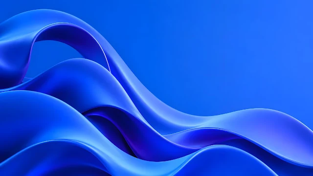 Thick smooth blue ribbons folded into organic overlapping fluid waves against a gradient blue background.